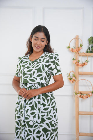 CHARCOAL FLORA | ZIPLESS MATERNITY MAXI-PUFF SLEEVES | FULL LENGTH MAXI