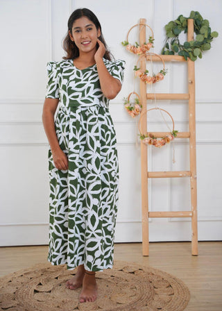 CHARCOAL FLORA | ZIPLESS MATERNITY MAXI-PUFF SLEEVES | FULL LENGTH MAXI