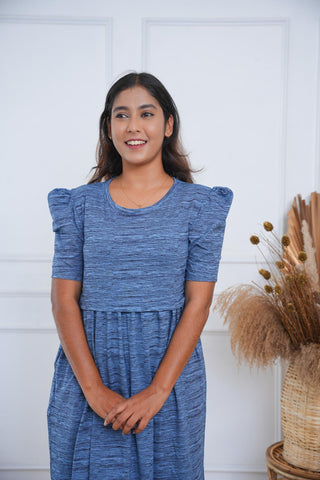 LINEAR BLUE | ZIPLESS MATERNITY MAXI-PUFF SLEEVES | FULL LENGTH MAXI