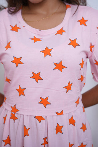 PINK ORANGE STAR | ZIPLESS MATERNITY MAXI-PUFF SLEEVES | FULL LENGTH MAXI