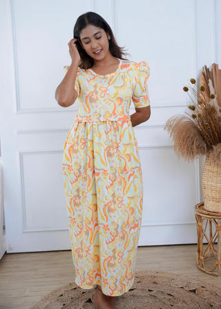 SUNLIT WHISPER | ZIPLESS MATERNITY MAXI-PUFF SLEEVES | FULL LENGTH MAXI