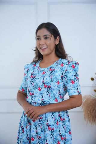 CORAL LAGOON | ZIPLESS MATERNITY MAXI-PUFF SLEEVES | FULL LENGTH MAXI