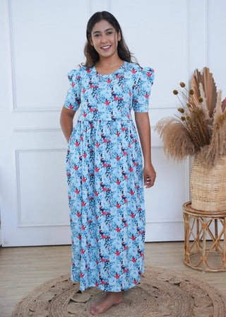 CORAL LAGOON | ZIPLESS MATERNITY MAXI-PUFF SLEEVES | FULL LENGTH MAXI