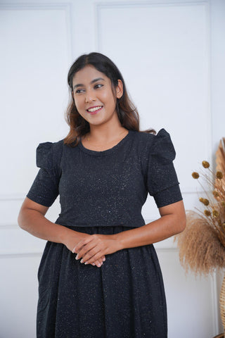 BLACK GLITTER | ZIPLESS MATERNITY MAXI-PUFF SLEEVES | FULL LENGTH MAXI