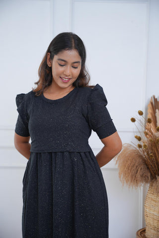 BLACK GLITTER | ZIPLESS MATERNITY MAXI-PUFF SLEEVES | FULL LENGTH MAXI