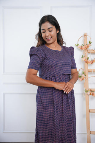 NAVY CHECKED | ZIPLESS MATERNITY MAXI-PUFF SLEEVES | FULL LENGTH MAXI