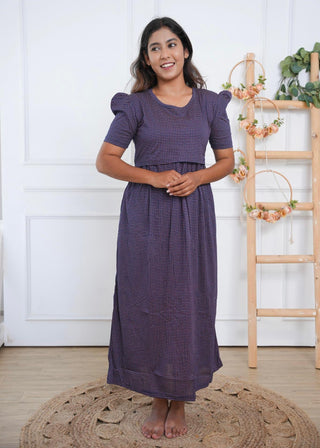 NAVY CHECKED | ZIPLESS MATERNITY MAXI-PUFF SLEEVES | FULL LENGTH MAXI