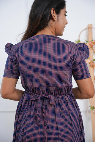 NAVY CHECKED | ZIPLESS MATERNITY MAXI-PUFF SLEEVES | FULL LENGTH MAXI