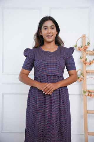 NAVY CHECKED | ZIPLESS MATERNITY MAXI-PUFF SLEEVES | FULL LENGTH MAXI