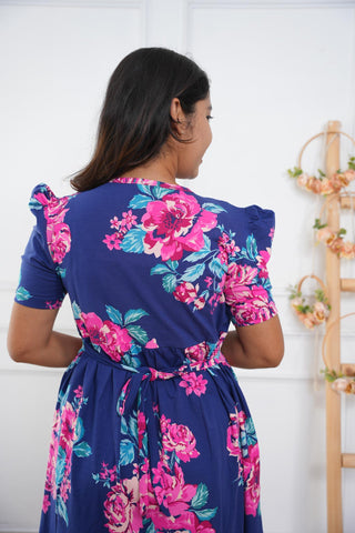 BLUE PINK FLORA | ZIPLESS MATERNITY MAXI-PUFF SLEEVES | FULL LENGTH MAXI