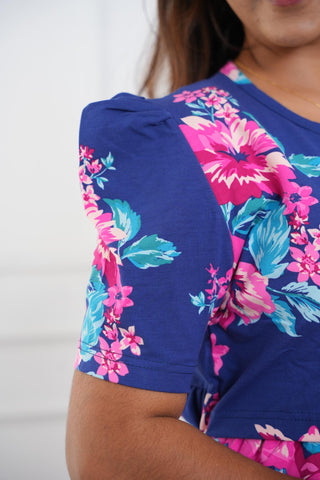 BLUE PINK FLORA | ZIPLESS MATERNITY MAXI-PUFF SLEEVES | FULL LENGTH MAXI