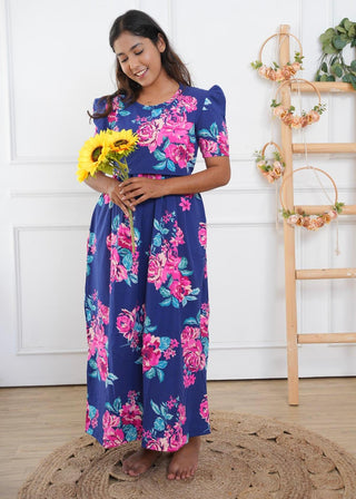 BLUE PINK FLORA | ZIPLESS MATERNITY MAXI-PUFF SLEEVES | FULL LENGTH MAXI