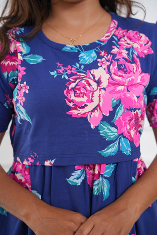 BLUE PINK FLORA | ZIPLESS MATERNITY MAXI-PUFF SLEEVES | FULL LENGTH MAXI