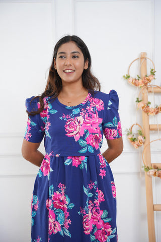 BLUE PINK FLORA | ZIPLESS MATERNITY MAXI-PUFF SLEEVES | FULL LENGTH MAXI