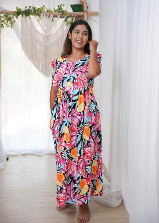 TROPICAL BLOOM | NON-FEEDING MAXI – PUFF SLEEVES | FULL LENGTH MAXI