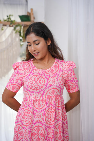 PINK CAROUSEL  | NON-FEEDING MAXI – PUFF SLEEVES | FULL LENGTH MAXI