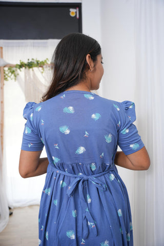 BLUE FEATHERS | NON-FEEDING MAXI – PUFF SLEEVES | FULL LENGTH MAXI