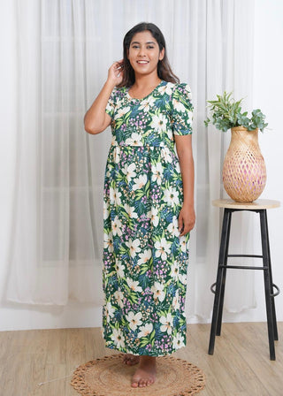 GREEN FLORAL BLOOM | ZIPLESS MATERNITY MAXI-PUFF SLEEVES | FULL LENGTH MAXI