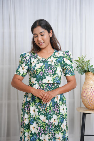 GREEN FLORAL BLOOM | ZIPLESS MATERNITY MAXI-PUFF SLEEVES | FULL LENGTH MAXI
