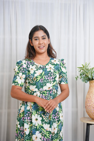 GREEN FLORAL BLOOM | ZIPLESS MATERNITY MAXI-PUFF SLEEVES | FULL LENGTH MAXI