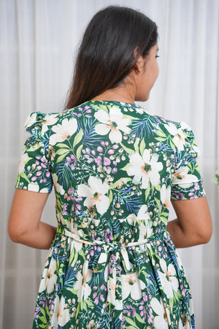 GREEN FLORAL BLOOM | ZIPLESS MATERNITY MAXI-PUFF SLEEVES | FULL LENGTH MAXI