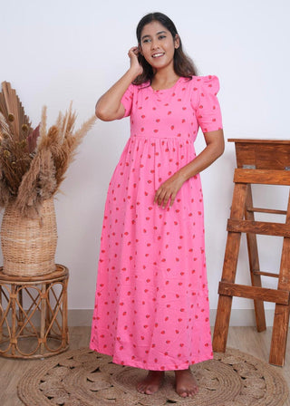 PINK BERRIES | NON-FEEDING MAXI – PUFF SLEEVES | FULL LENGTH MAXI