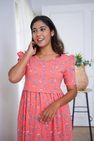 TINY FLORA | ZIPLESS MATERNITY MAXI-PUFF SLEEVES | FULL LENGTH MAXI