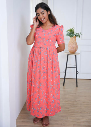 TINY FLORA | ZIPLESS MATERNITY MAXI-PUFF SLEEVES | FULL LENGTH MAXI