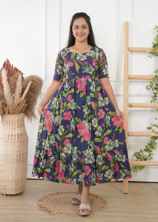 NAVY PINK FLORA | MATERNITY COTTON MAXI ANKLE LENGTH