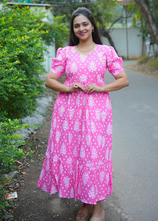 PINK TINY IKKAT | MATERNITY COTTON MAXI ANKLE LENGTH