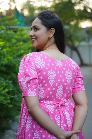 PINK TINY IKKAT | MATERNITY COTTON MAXI ANKLE LENGTH