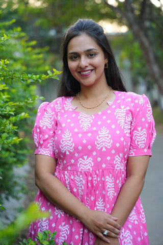 PINK TINY IKKAT | MATERNITY COTTON MAXI ANKLE LENGTH