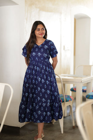 NAVY TINY LEAF | MATERNITY MAXI ANKLE LENGTH