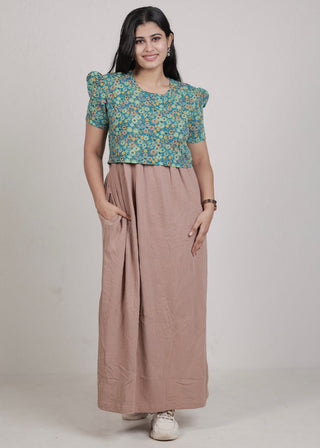 GREEN BROWN FLORAL DOUBLE SHADE | ZIPLESS MATERNITY MAXI-PUFF SLEEVES | FULL LENGTH MAXI