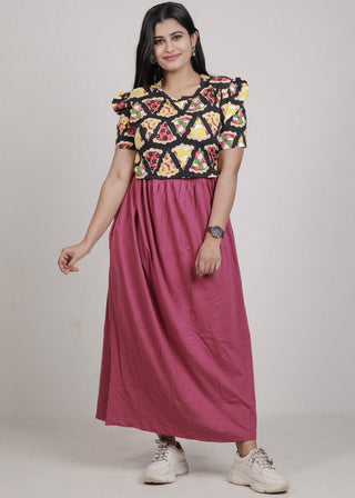 MAROON PIZZA DOUBLE SHADE | ZIPLESS MATERNITY MAXI-PUFF SLEEVES | FULL LENGTH MAXI