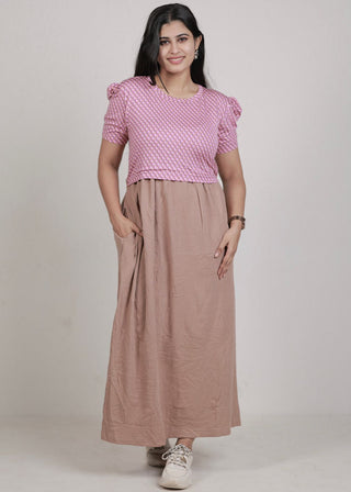 PINK SHAPES DOUBLE SHADE | ZIPLESS MATERNITY MAXI-PUFF SLEEVES | FULL LENGTH MAXI