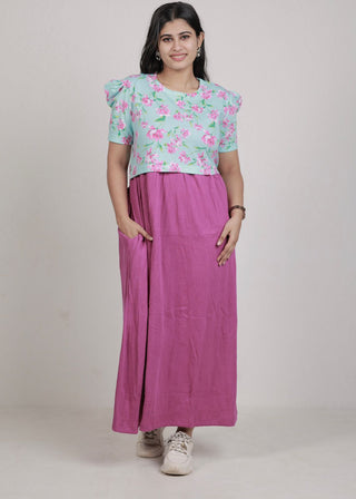 PINK DOUBLE SHADE | ZIPLESS MATERNITY MAXI-PUFF SLEEVES | FULL LENGTH MAXI