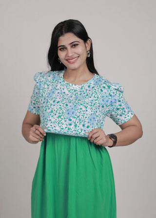 GREEN FLORAL DOUBLE SHADE | ZIPLESS MATERNITY MAXI-PUFF SLEEVES | FULL LENGTH MAXI