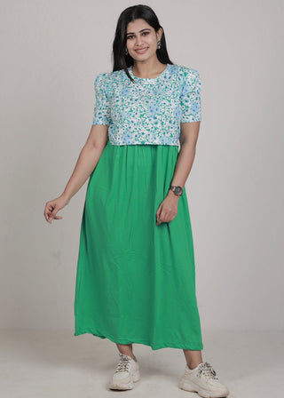 GREEN FLORAL DOUBLE SHADE | ZIPLESS MATERNITY MAXI-PUFF SLEEVES | FULL LENGTH MAXI