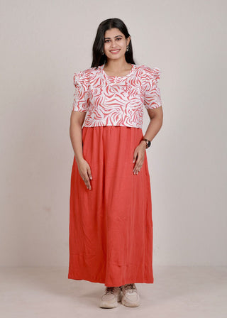 RED WAVES DOUBLE SHADE | ZIPLESS MATERNITY MAXI-PUFF SLEEVES | FULL LENGTH MAXI