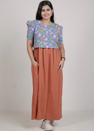 SMILEY FLORAL DOUBLE SHADE | ZIPLESS MATERNITY MAXI-PUFF SLEEVES | FULL LENGTH MAXI