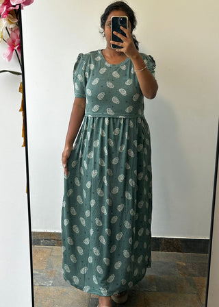 GREEN PARSLEY | ZIPLESS MATERNITY MAXI-PUFF SLEEVES | ANKLE LENGTH MAXI