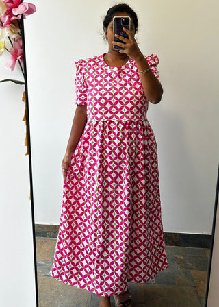 PINK WHITE GEOMETRIC | ZIPLESS MATERNITY MAXI-PUFF SLEEVES | ANKLE LENGTH MAXI
