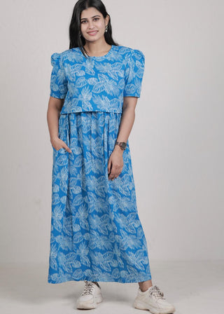 BLUE 3D LEAF | ZIPLESS MATERNITY MAXI-PUFF SLEEVES | FULL LENGTH MAXI