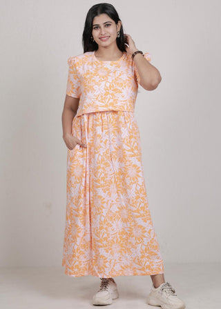 ORANGE PINK FLOWERS | ZIPLESS MATERNITY MAXI-PUFF SLEEVES | FULL LENGTH MAXI