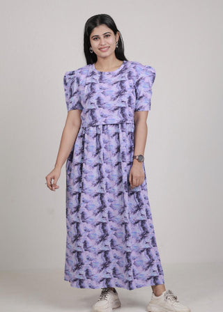 VIOLET WAVES | ZIPLESS MATERNITY MAXI-PUFF SLEEVES | FULL LENGTH MAXI