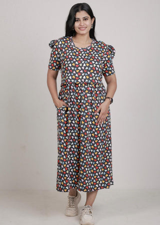 MULTICOLOUR HEART | ZIPLESS MATERNITY MAXI-PUFF SLEEVES | ANKLE LENGTH MAXI