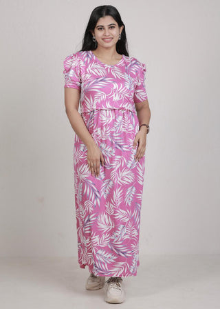 PINK LEAVES | ZIPLESS MATERNITY MAXI-PUFF SLEEVES | FULL LENGTH MAXI