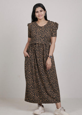 BROWN BLACK CROSS | ZIPLESS MATERNITY MAXI-PUFF SLEEVES | ANKLE LENGTH MAXI