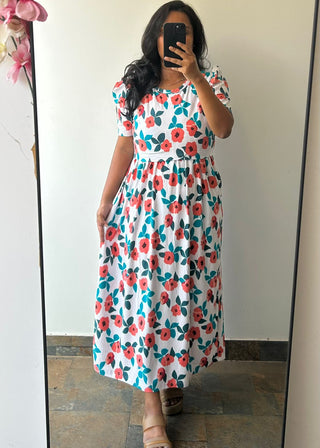 ORANGE FLOWERS | ZIPLESS MATERNITY MAXI-PUFF SLEEVES | ANKLE LENGTH MAXI